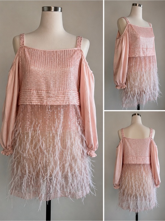 Ocheretny Tops - OCHERETNY Womens Small Pink Sequin Feather Cold Shoulder Tunic Blouse Designer